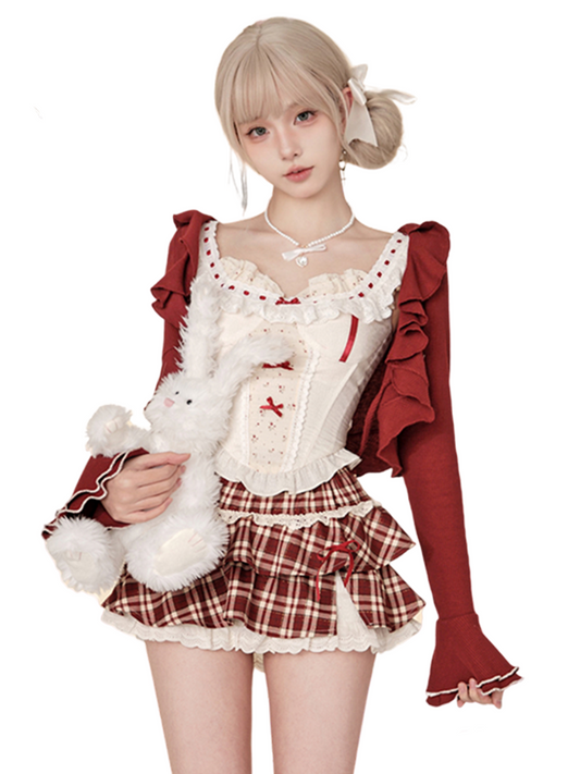 Red Wine Sweet Cherry Summer Suit Red Cardigan + Vest Top + High Waist Red Plaid Skirt