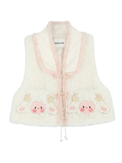 Chinese-style Retro Sheep Fur Vest + Pleated Skirt