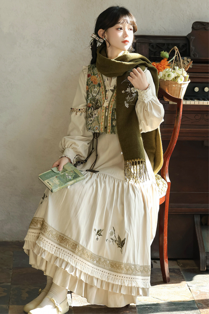 Pastoral Lolita Long Sleeve Dress + Vest + Scarf