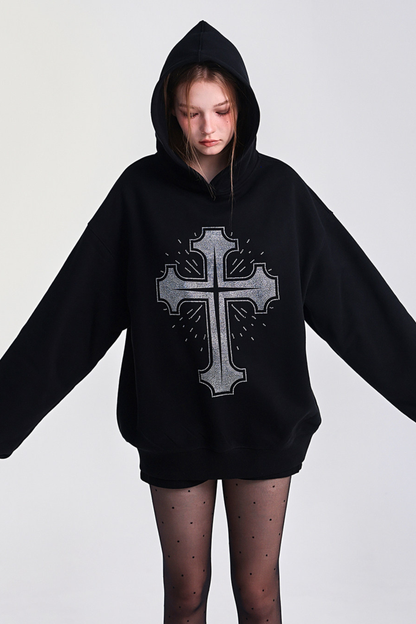 Big Cross Design Loose Hooded Sweatshirt