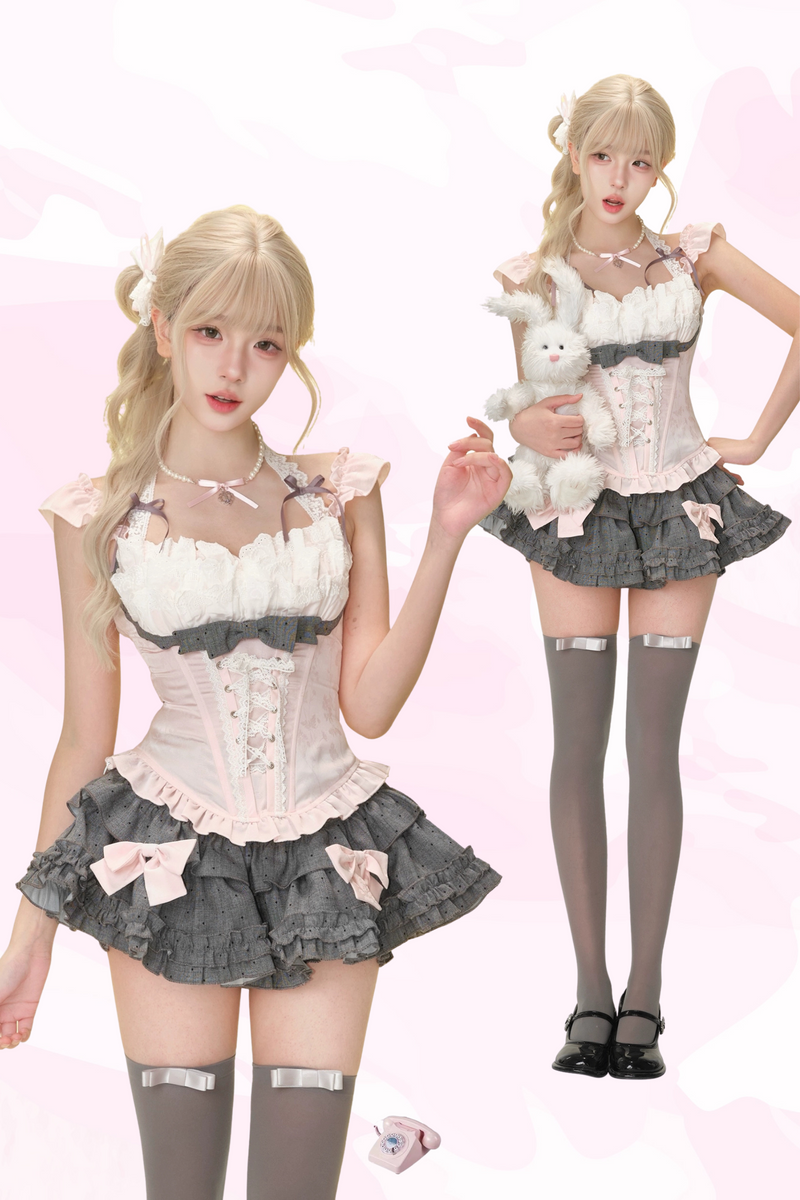 Peach Pink Corset Top + Polka Dot Tiered Skirt