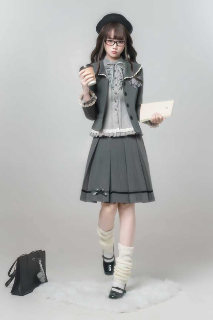 Retro College Jacket + Shirt + Skirt + Brooch