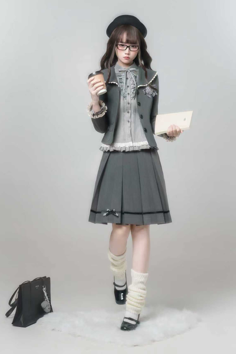 Retro College Jacket + Shirt + Skirt + Brooch