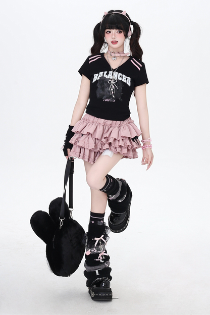 Hot Girl V Neck Black and Pink Top