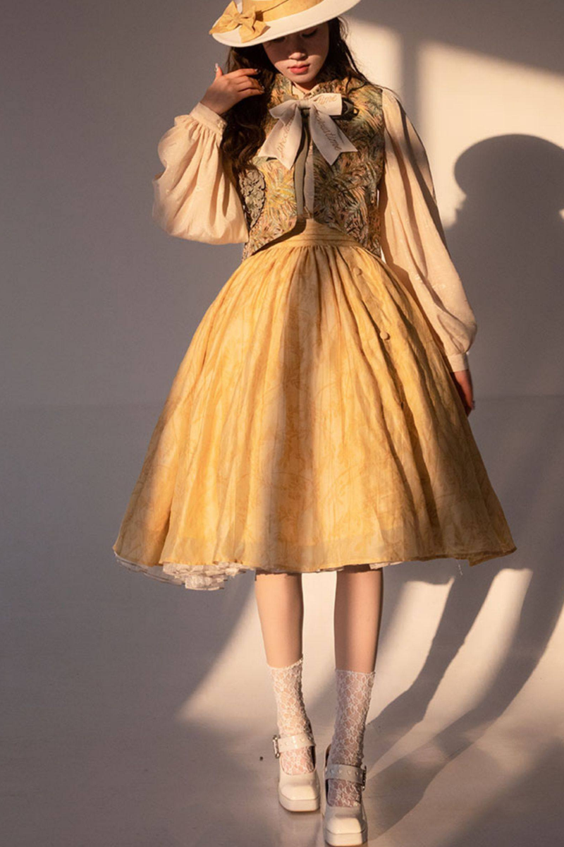 Golden Flower Design Dress + Skirt + Coat + Vest