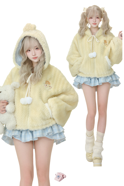 Custard Pudding Yellow Plush Jacket + Blue Plaid Tiered Skirt
