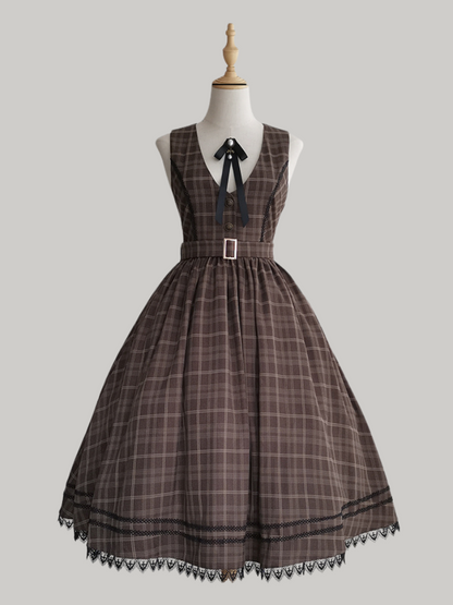 Forest Brown Plaid Belt V Neck Dress