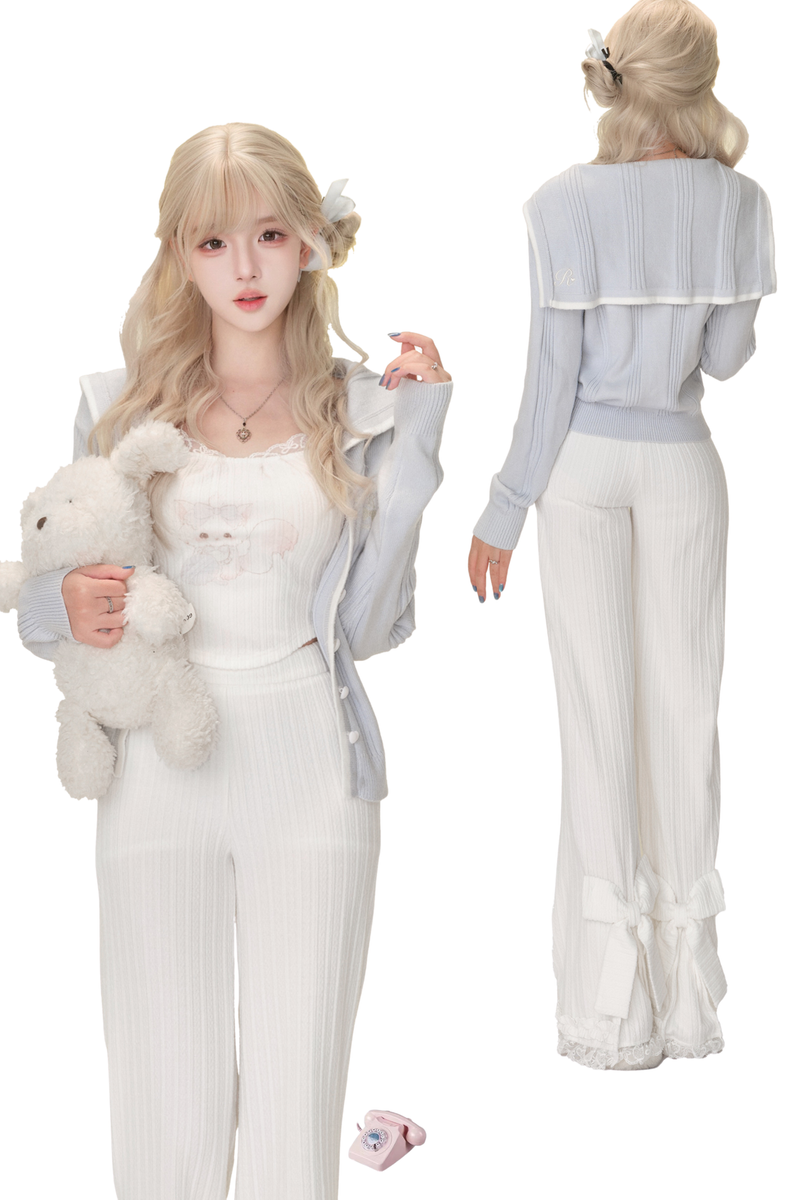 Milk Blue Sea Salt Light Blue Knit Cardigan + Printed Suspenders + Knit Pants