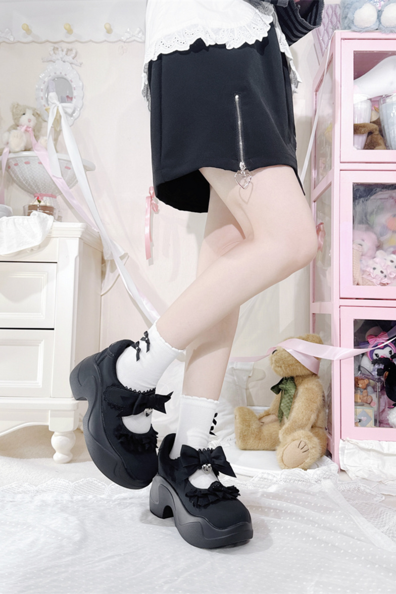 Ruffle Lace Ribbon Platform Shoes
