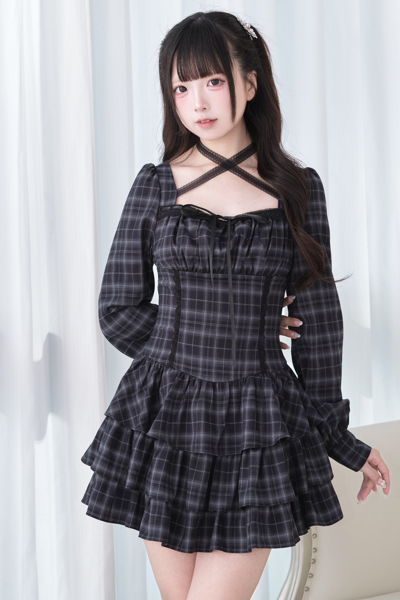 Striped Plaid Cross Neck Ruffle Dress