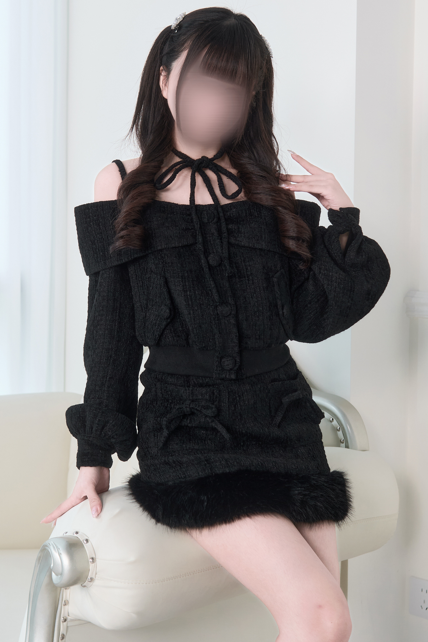 Off-the-shoulder Ribbon Top + Fur Skirt