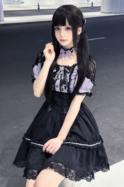 Purple Lace Sweetheart Dress + Ribbon Clip + Necklace