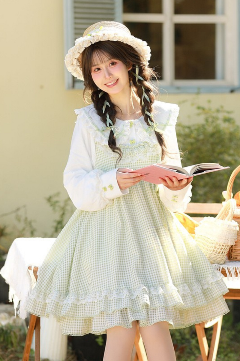 Lace Retro Doll Shirt + Gingham Plaid Sleeveless Dress