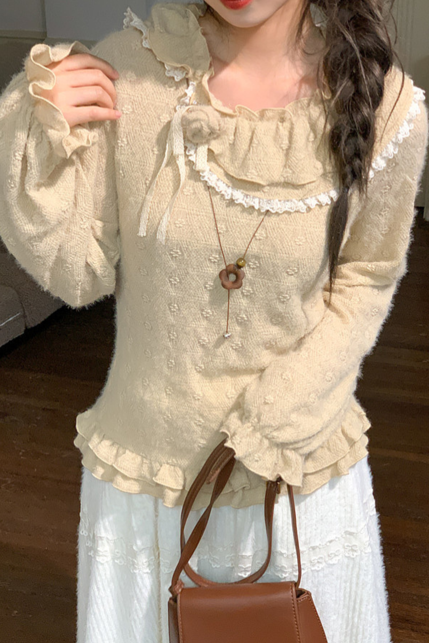 Lace Collar Long Sleeve Top