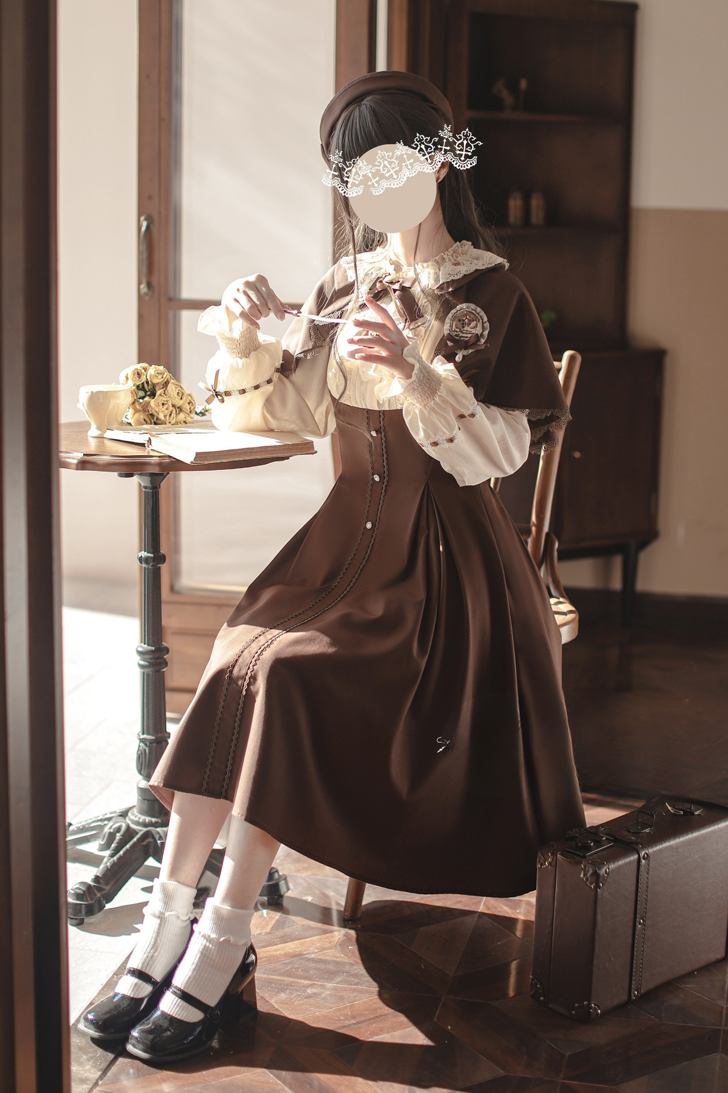 French Brown Lolita Dress + Cape + Beret + Badge