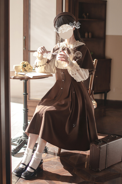 French Brown Lolita Dress + Cape + Beret + Badge