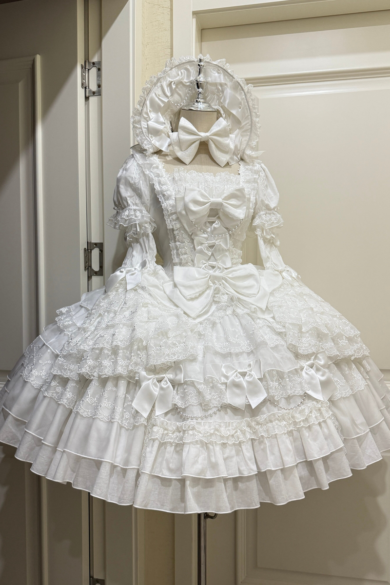Sweetheart Ruffle Ribbon Lolita Dress + Bnt + Necklace + Princess Sleeve