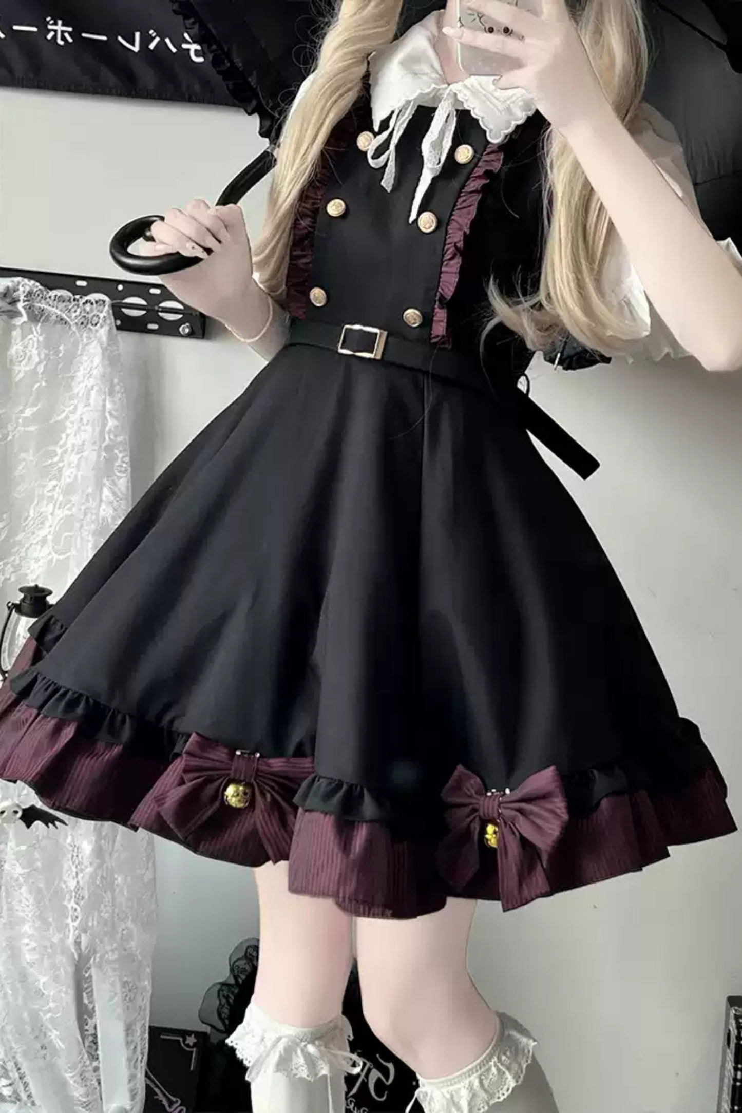 Plaid Suspender Skirt + Ribbon Ruffle Shirt