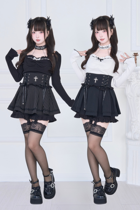 [pre-order] Choker Neck Square Ruffle Knit Top + Gothic Cross Lace Up Skirt