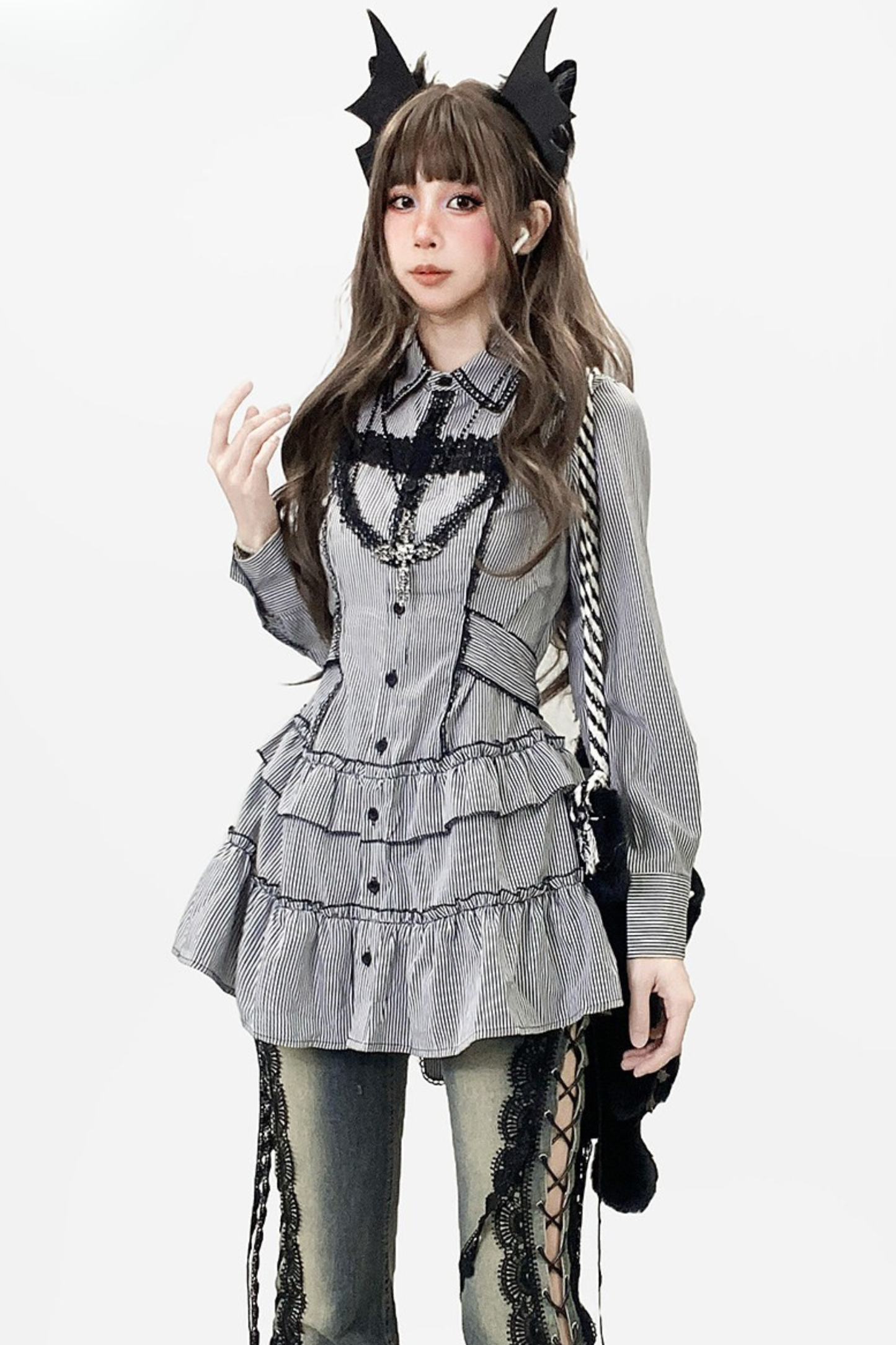 Striped Lace Midi Patchwork Shirt Dress