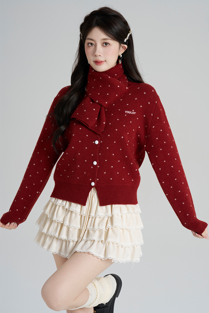 French Style Dotted Cardigan With Scarf