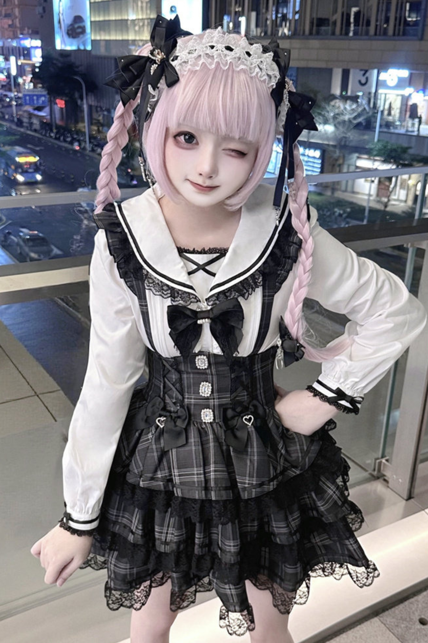 Plaid Flutter Sleeve Suspender Skirt + Top