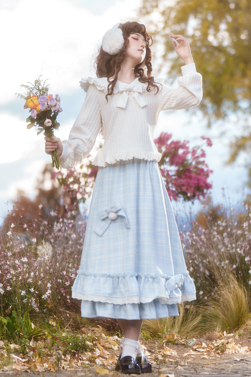 Lace Doll Collar Ribbon Top + Skirt