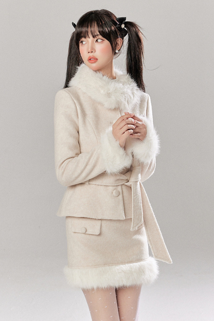 Sweet Girly Fur Waist Ribbon Coat + Fur Tight Skirt