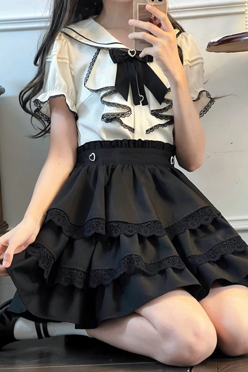 Jirai Sailor Ribbon Top + Ruffle Skirt