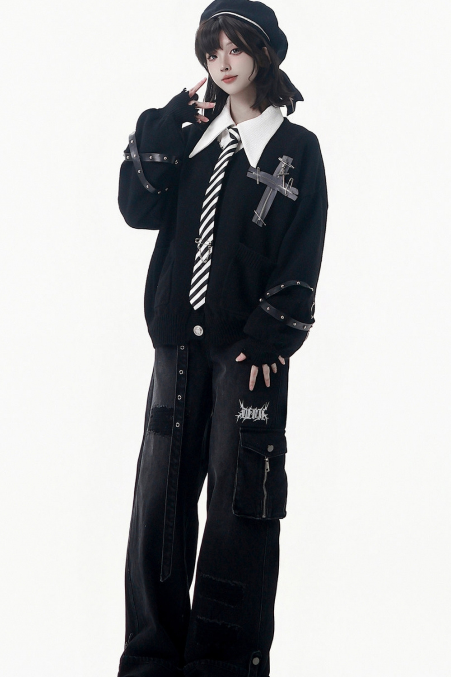 Cross Trim Cardigan + Shirt + Tie + Pants