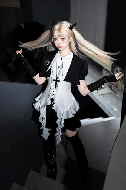 Puff Sleeve Short Jacket + Asymmetrical Shirt + Shorts