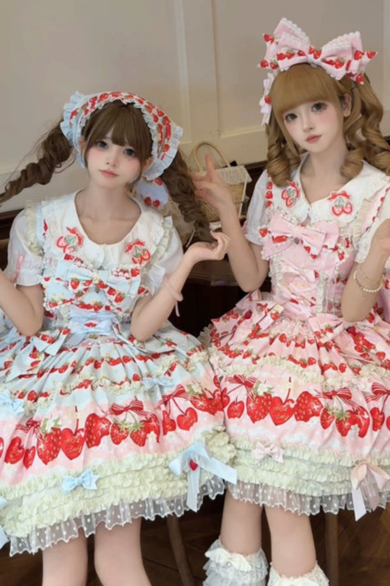 Strawberry Lolita Jumper Skirt + Rabbit Hair Scarf + Big Ribbon + Top + Hat + Bonnet