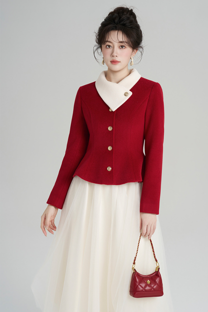 Red Wool Waist Cinching Coat + Long Dress