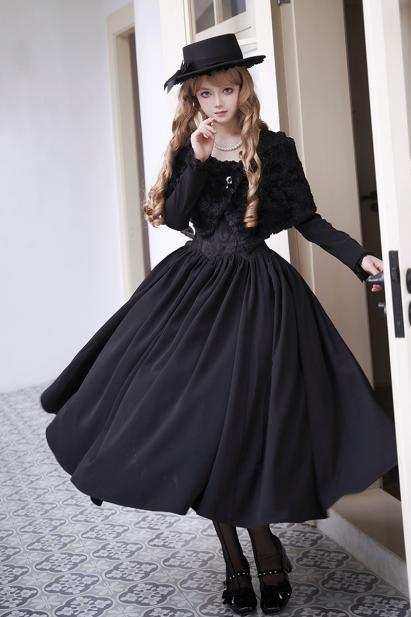 [pre-order] Dark Sweet Lolita Dress + Faux Collar + Necklace + Jacket + Ribbon + Sleeve + Fur Shawl