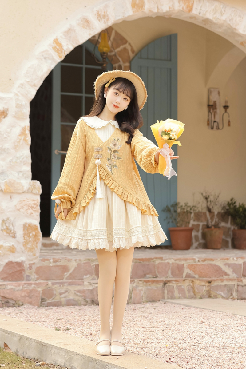 Retro Flower Chinese-style Cardigan + Flared Doll Collar Dress