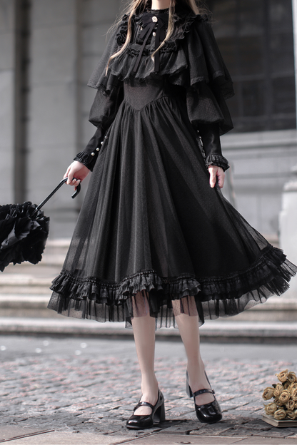 Dark Black Dot Gauze Shawl Dress