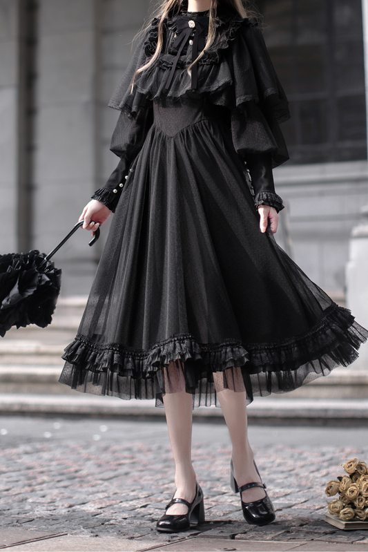 Dark Black Dot Gauze Shawl Dress