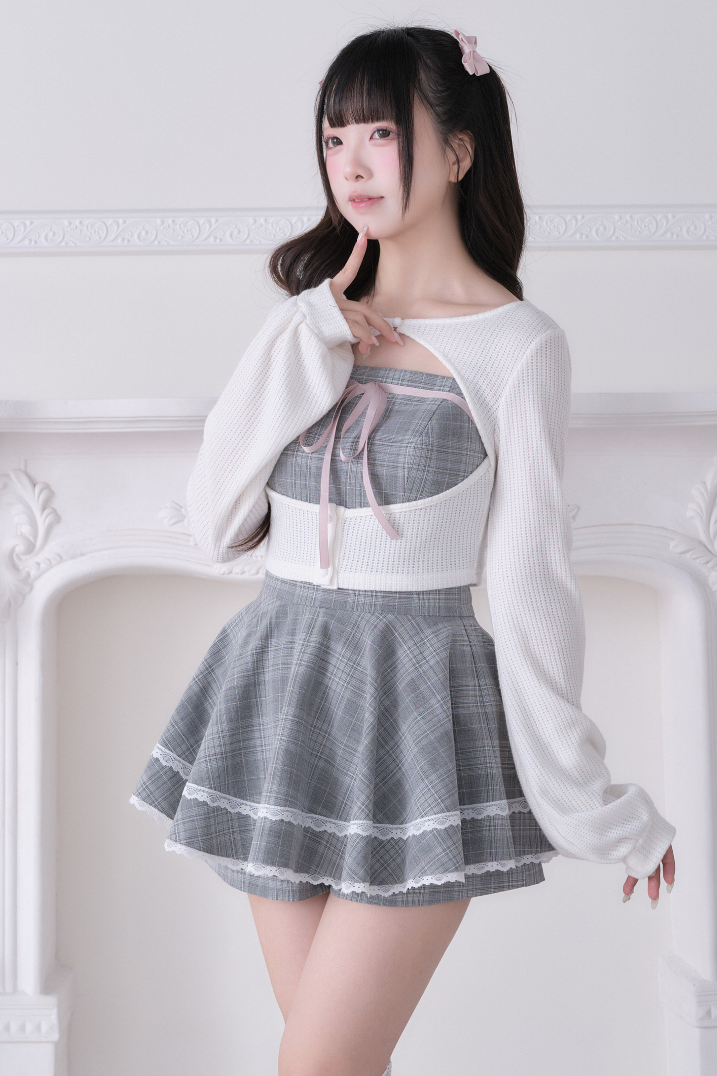 Lace Cardigan + Checkered Dress + Inner Pants