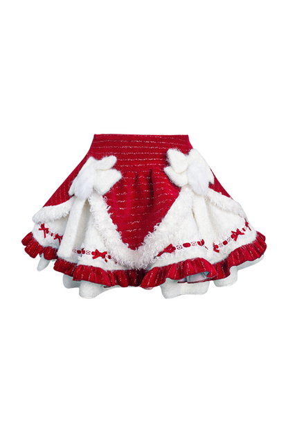 Fur Chinese-style Design Vest + Red Chinese-style Top + Flare Short Skirt