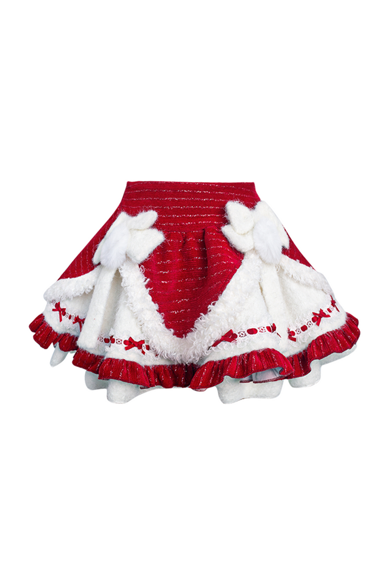 Fur Chinese-style Design Vest + Red Chinese-style Top + Flare Short Skirt