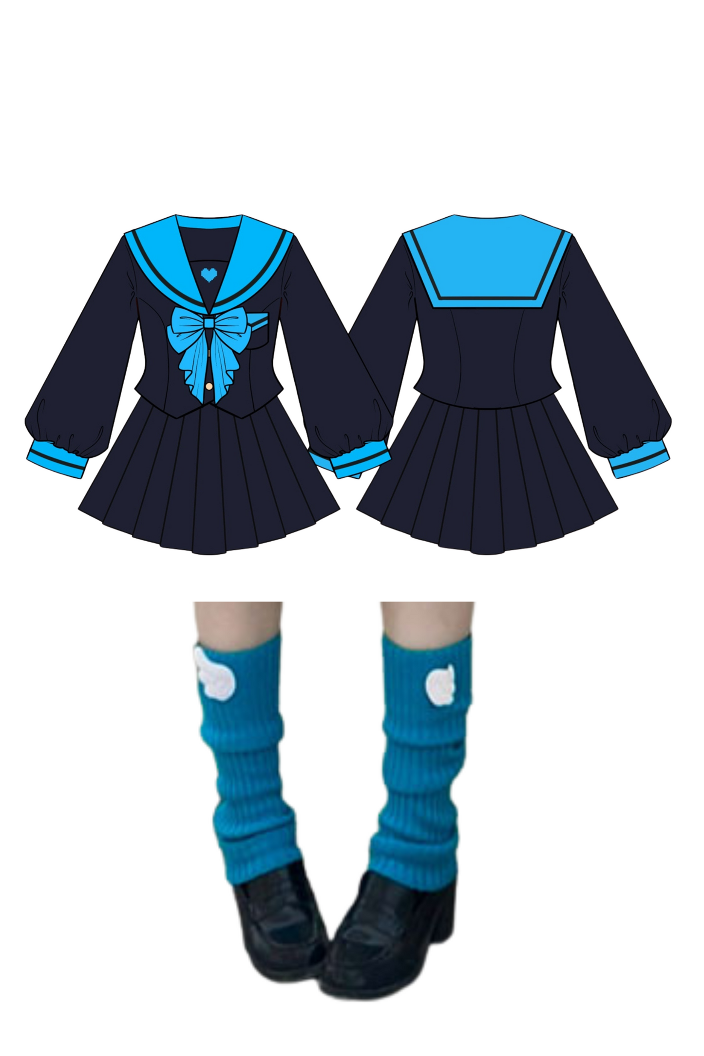 Animation Heroine Sailor Top + Pleated Skirt + Leg Covers
