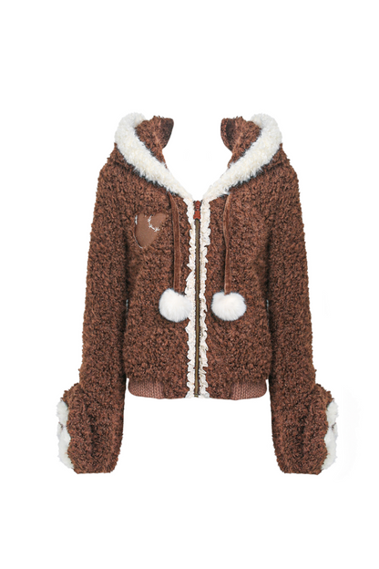 Bear Boa Coat + Ribbon Knit Cardigan + Off Shoulder Shirt + Short Skirt