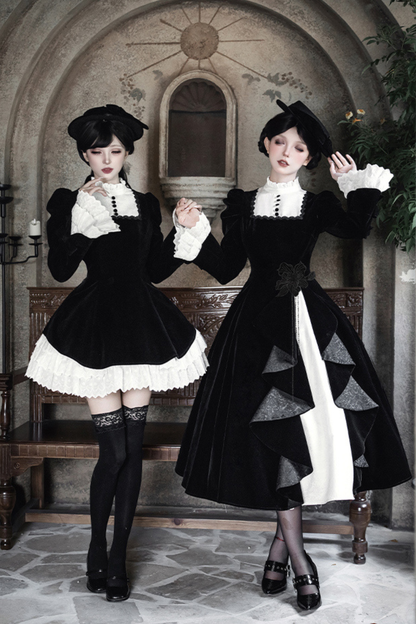 Slim Contrast Color Twin Dress + Collar + Bow + Brooch + Hat