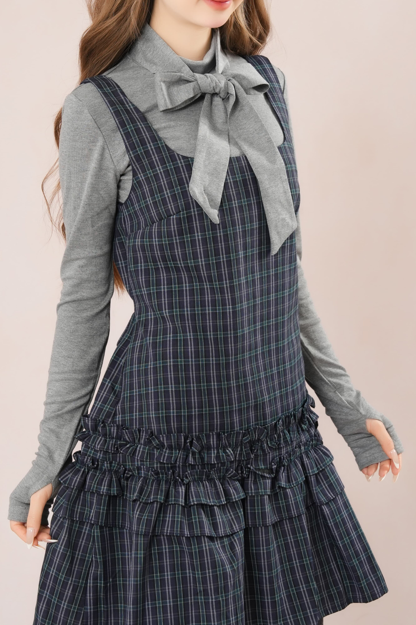 Dark French Ruffle Plaid Sleeveless Dress + Shirt