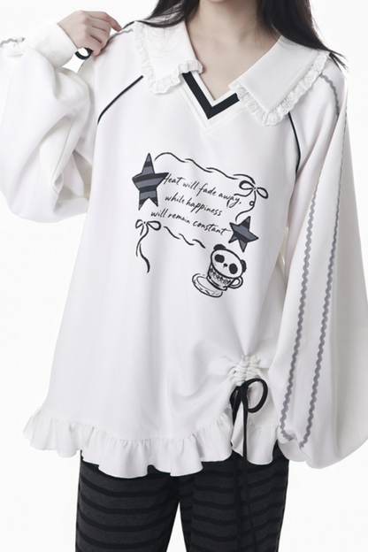 Lapel Lace Star Top + Ruffle Pants