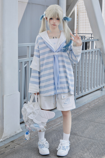 [angel Style] [pre-order] Striped Sailor Collar Subculture Top + Shorts