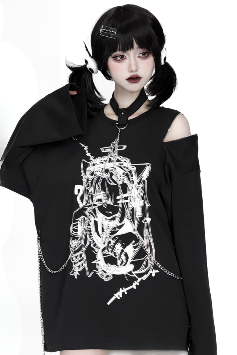 Off-shoulder Subculture Manga Girl Print Top