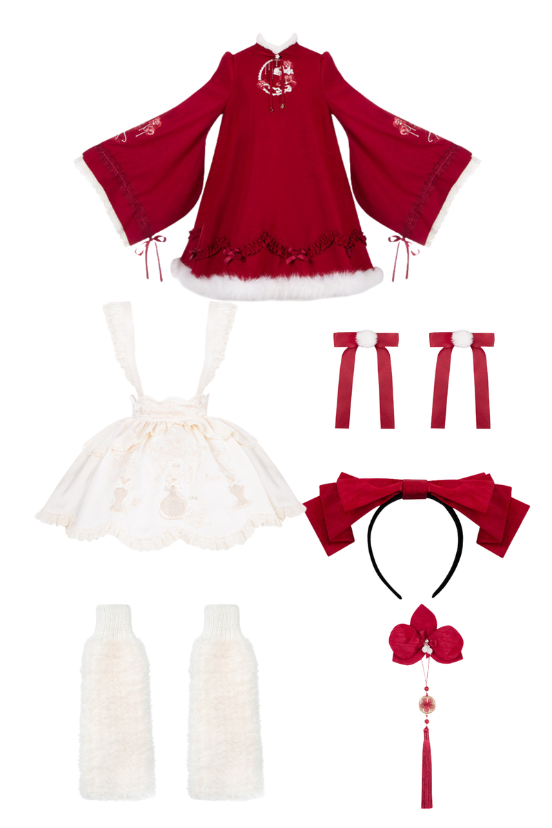 Chinese-style Big Sleeve Dress + Apron + Skirt + Leg Warmers + Hairband + Clip + Pin