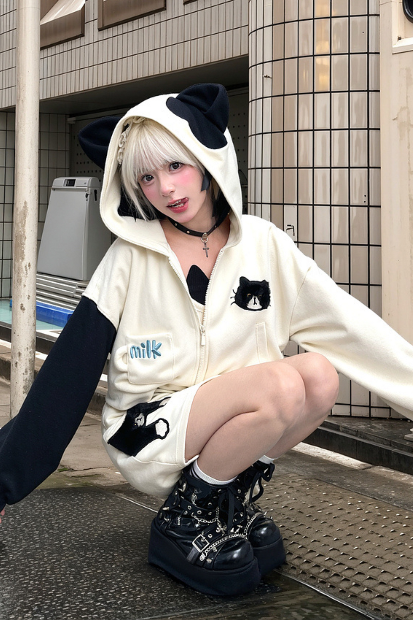 Cat Ear Hooded Short Parka + Camisole + Skirt