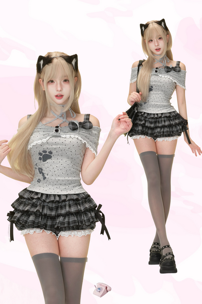 Black Cat Dot Camisole + Plaid Tiered Skirt